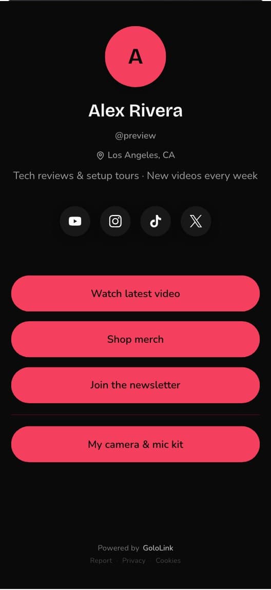 YouTube Creator bio link template preview