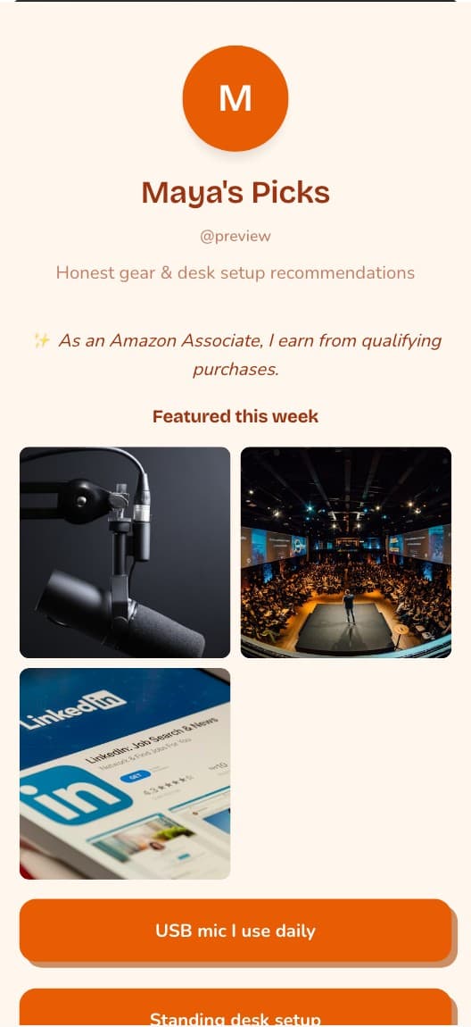 Affiliate Storefront bio link template preview